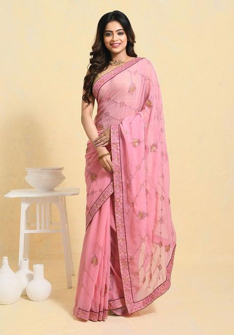 Pink Embellished Georgette Saree Set