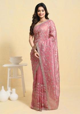 Pink Embellished Chiffon Saree Set