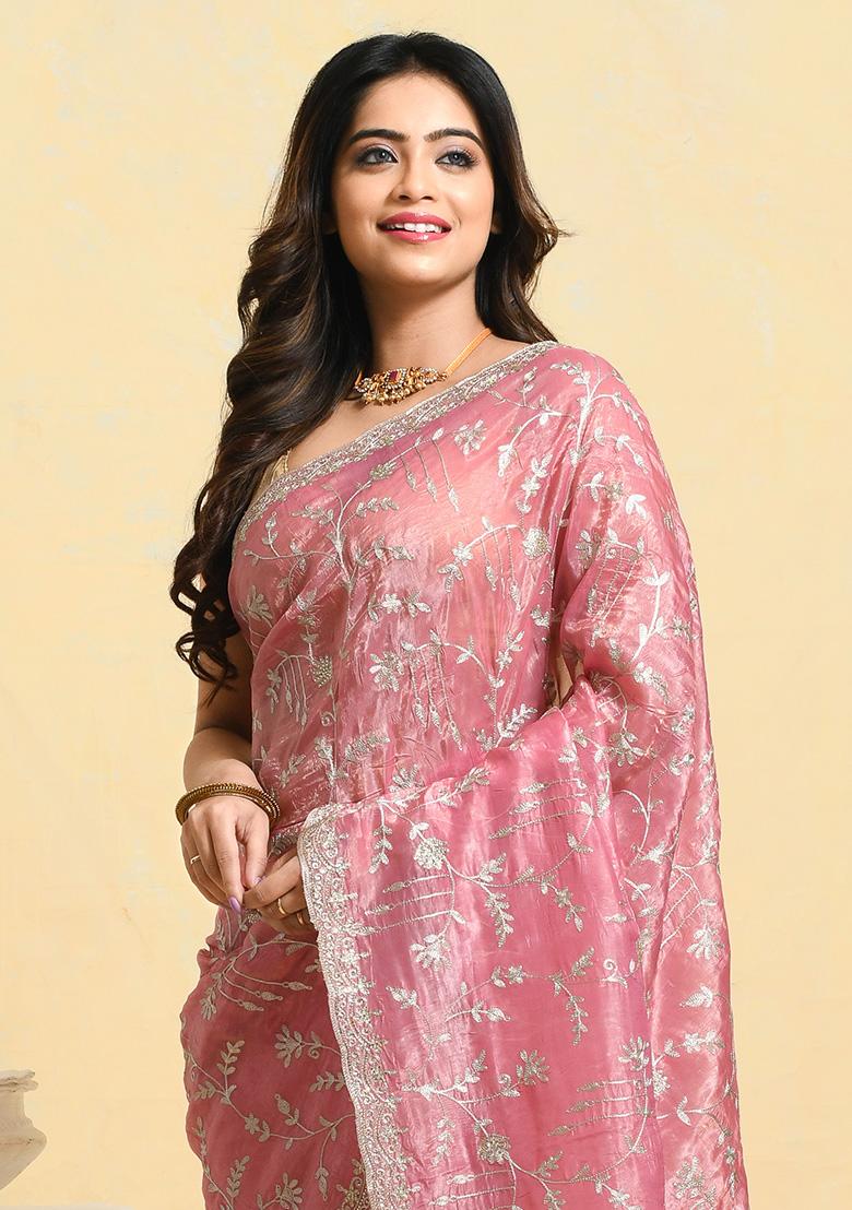 Pink Embellished Chiffon Saree Set