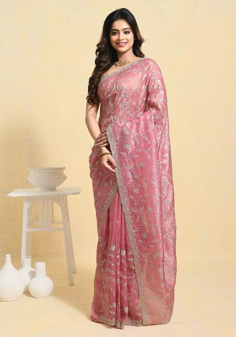 Pink Embellished Chiffon Saree Set