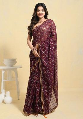 Purple Embellished Georgette Saree Set