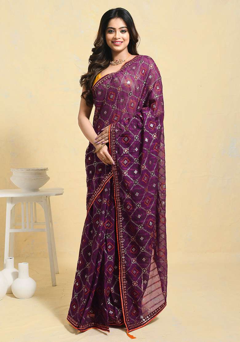 Purple Embellished Georgette Saree Set for Diwali and Festive Wear - Indya