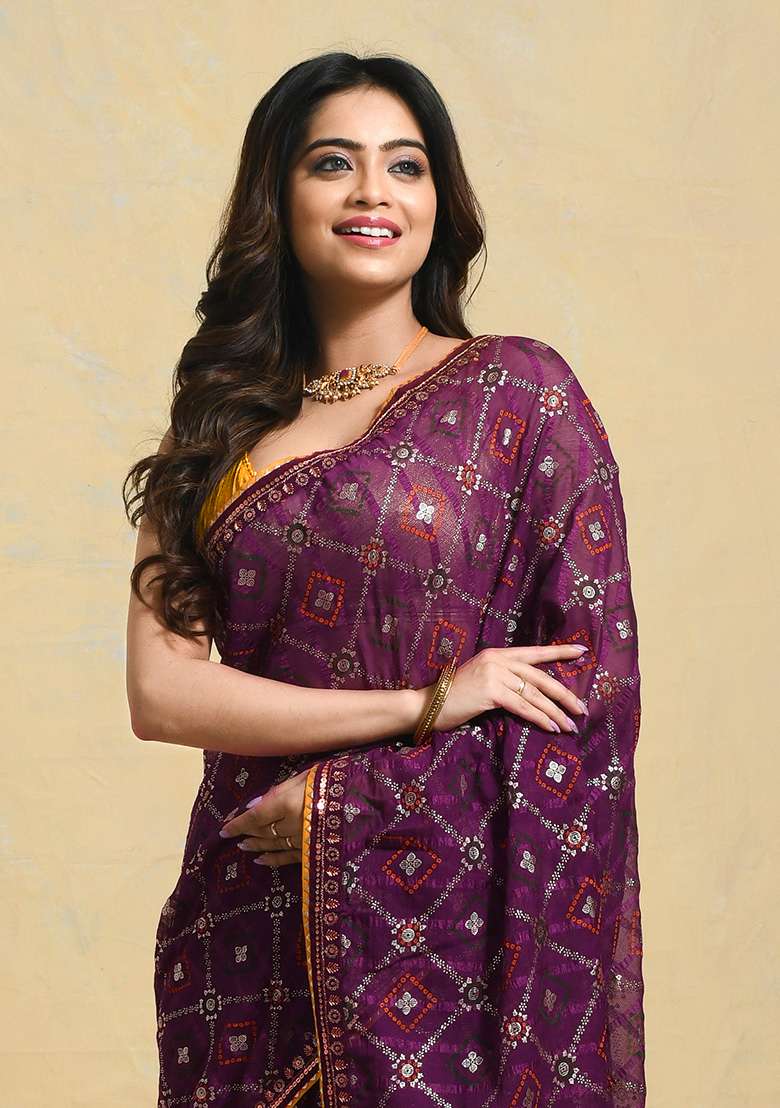 Purple Embellished Georgette Saree Set for Diwali and Festive Wear - Indya