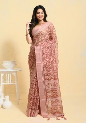 Peach Printed Chiffon Saree Set