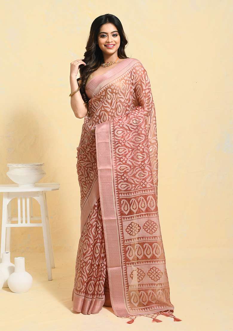 Peach Printed Chiffon Saree Set for Diwali and Festive Wear - Indya