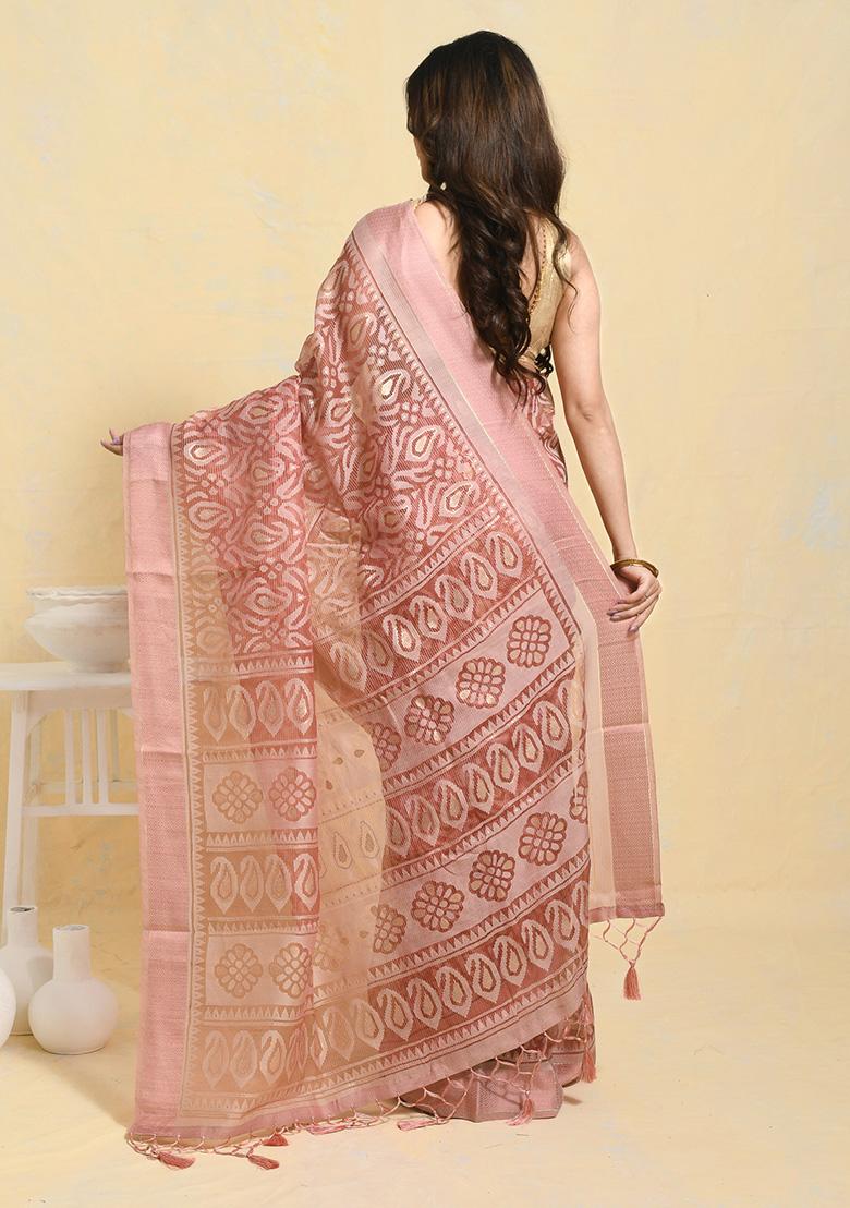 Peach Printed Chiffon Saree Set
