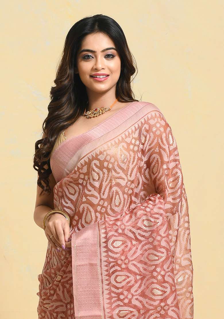 Peach Printed Chiffon Saree Set for Diwali and Festive Wear - Indya