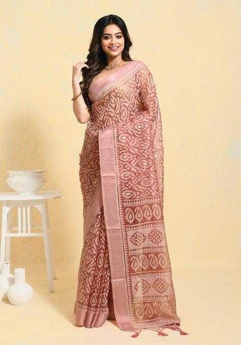 Peach Printed Chiffon Saree Set
