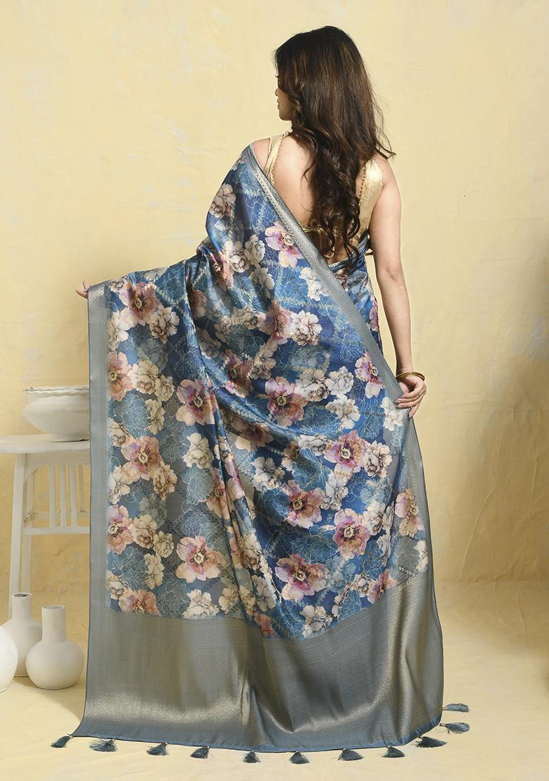 Blue Printed Art Silk Saree Set