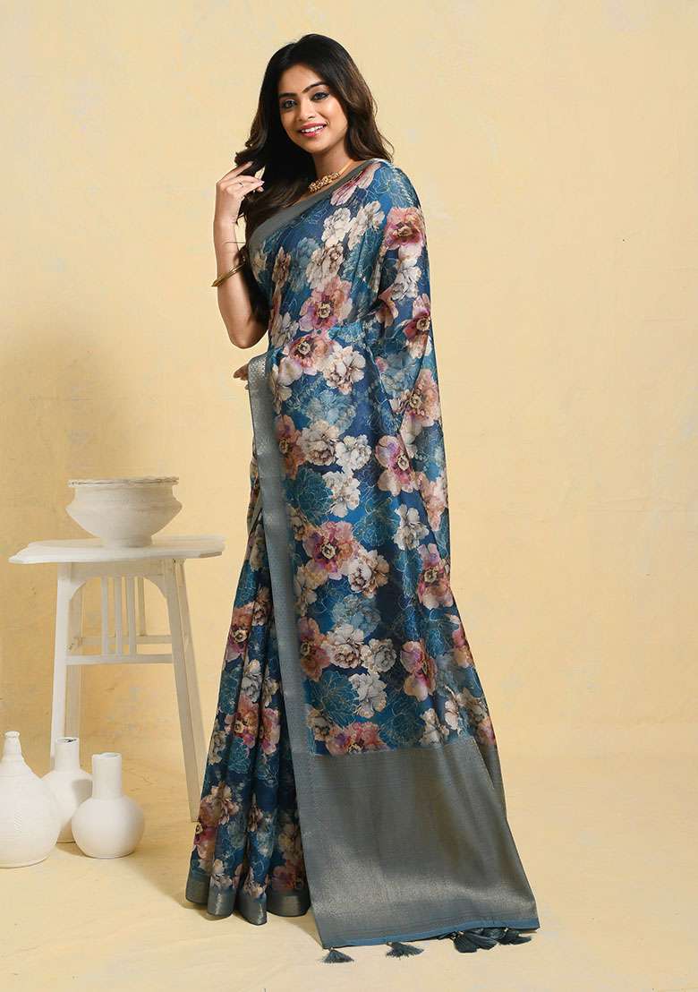 Blue Blend Art Silk Saree Set with Printed for Diwali | Wedding & Festive Wear - Indya