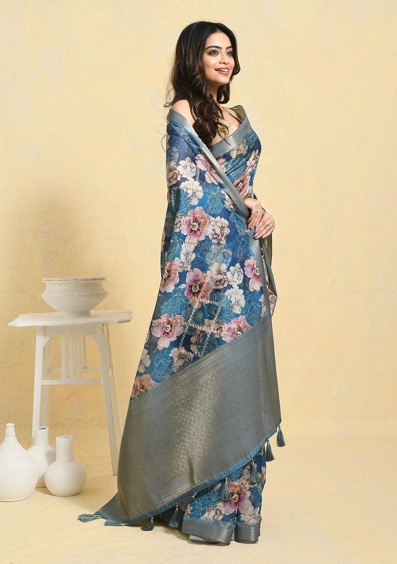 Blue Printed Art Silk Saree Set