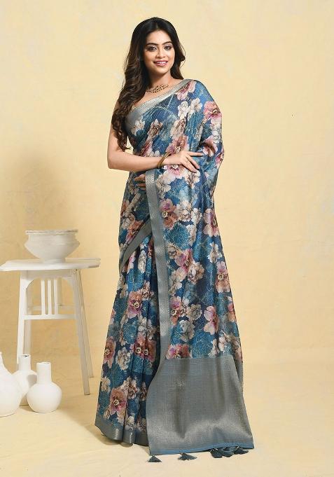 Blue Printed Art Silk Saree Set