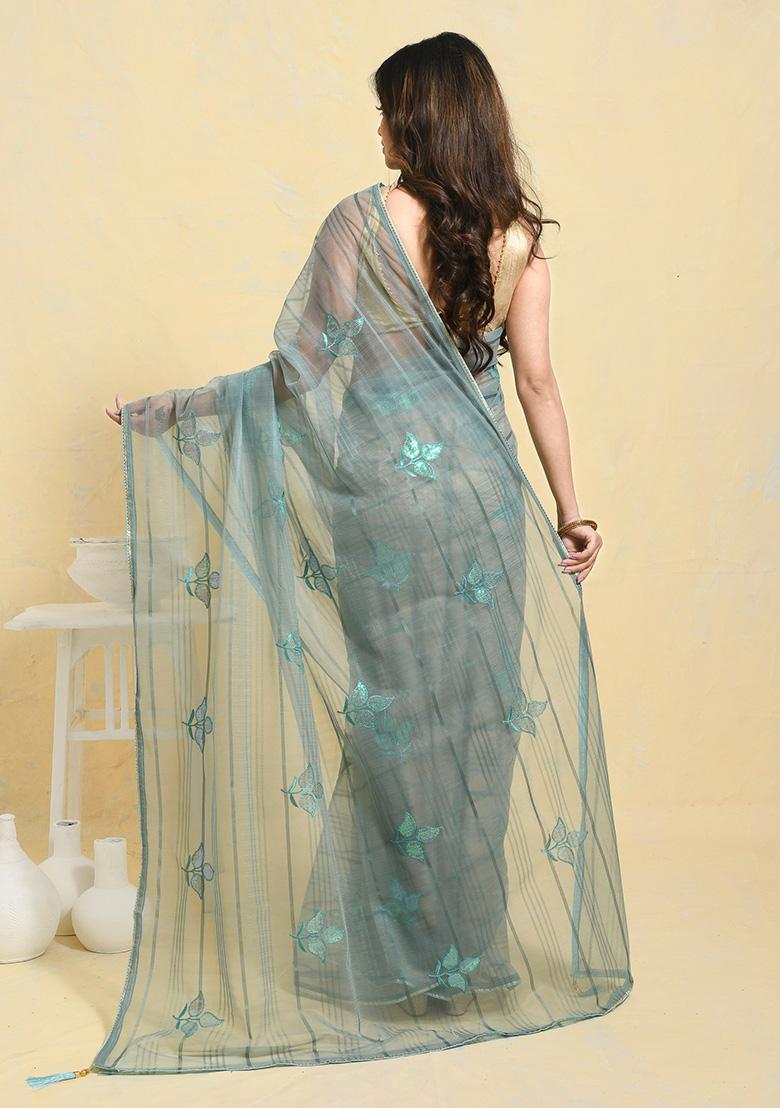 Blue Embellished Organza Saree Set