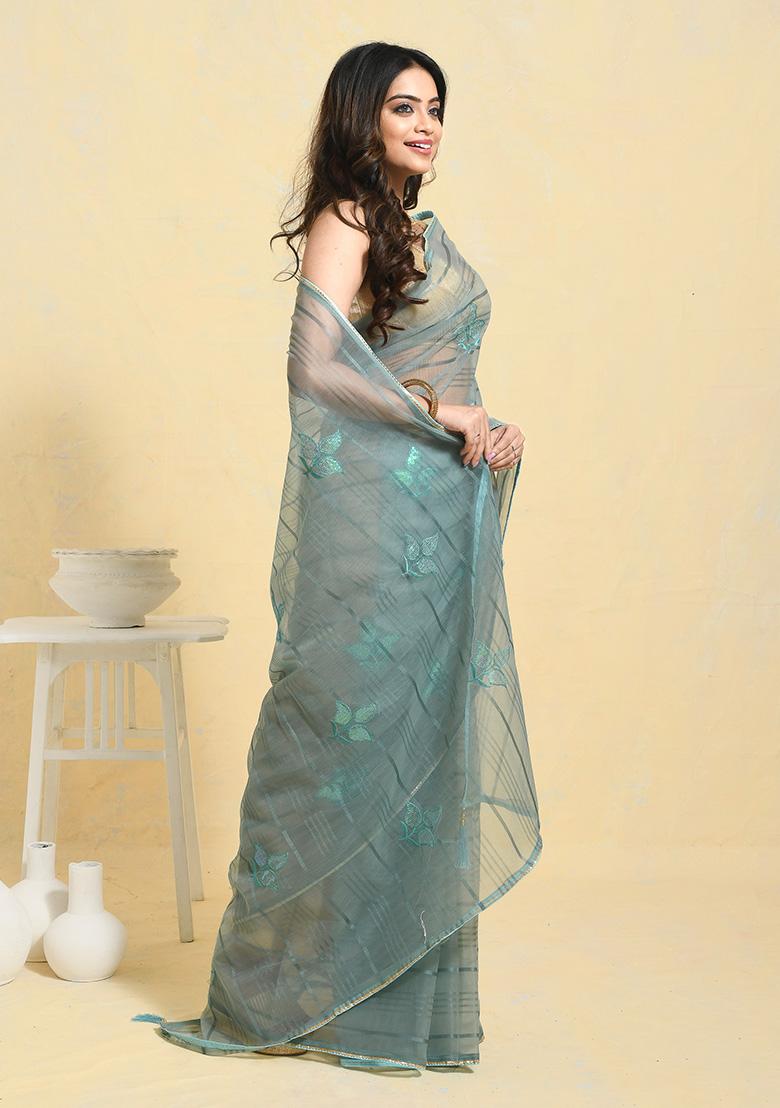 Blue Embellished Organza Saree Set