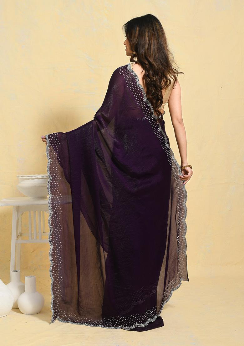 Purple Embellished Chiffon Saree Set