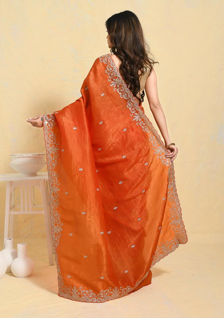 Orange Embellished Satin Saree Set