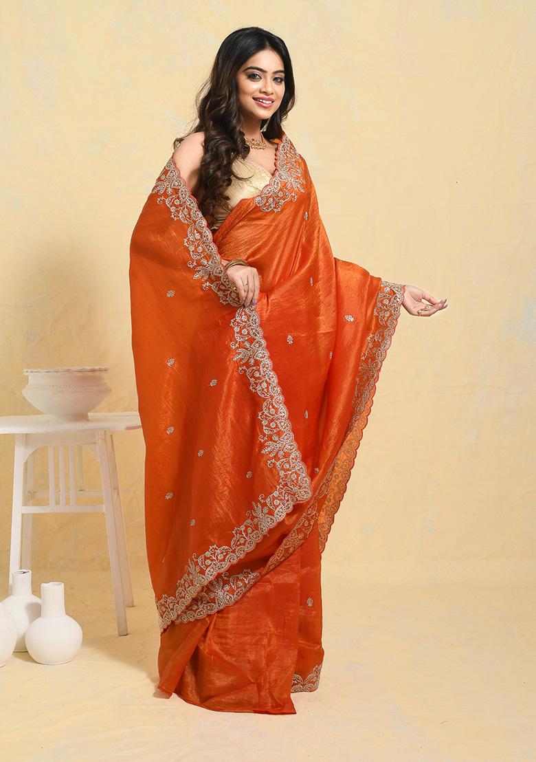 Orange Embellished Satin Saree Set