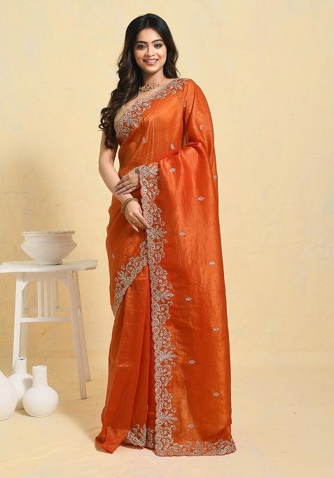 Orange Embellished Satin Saree Set
