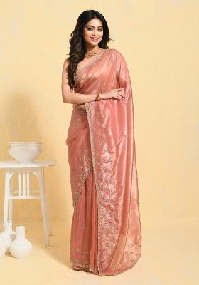 Peach Embellished Organza Saree Set