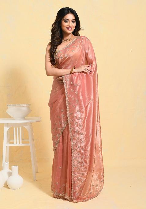 Peach Embellished Organza Saree Set