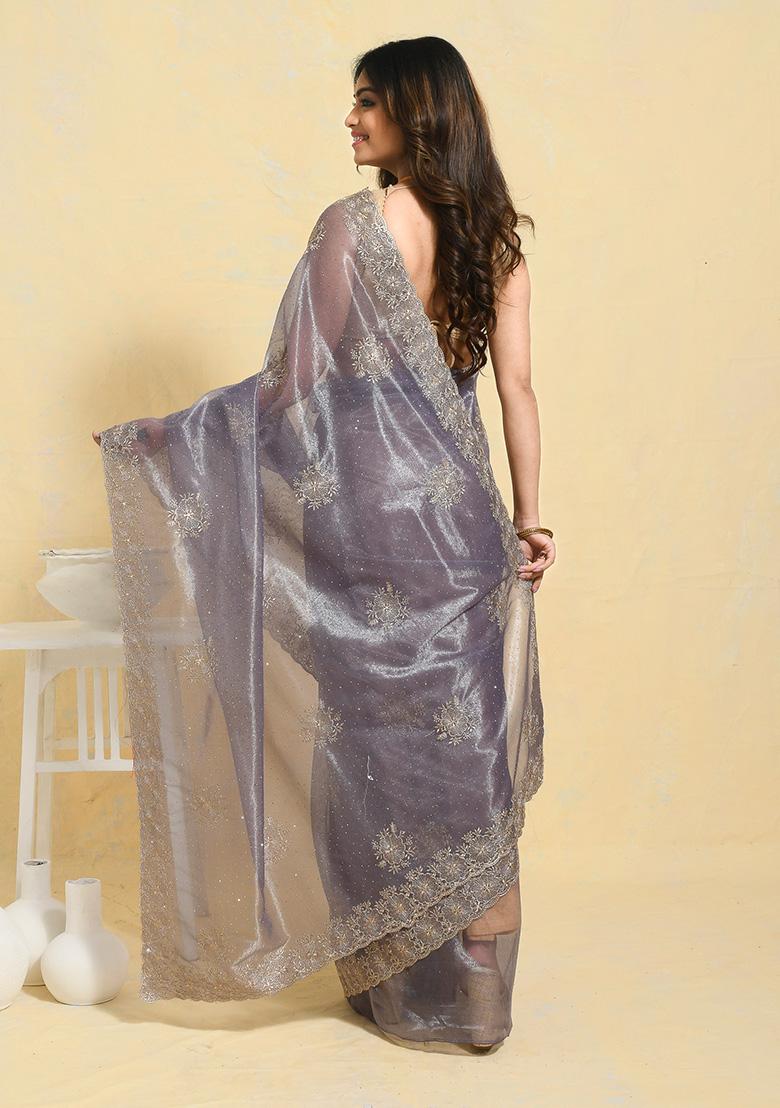 Purple Embellished Chiffon Saree Set