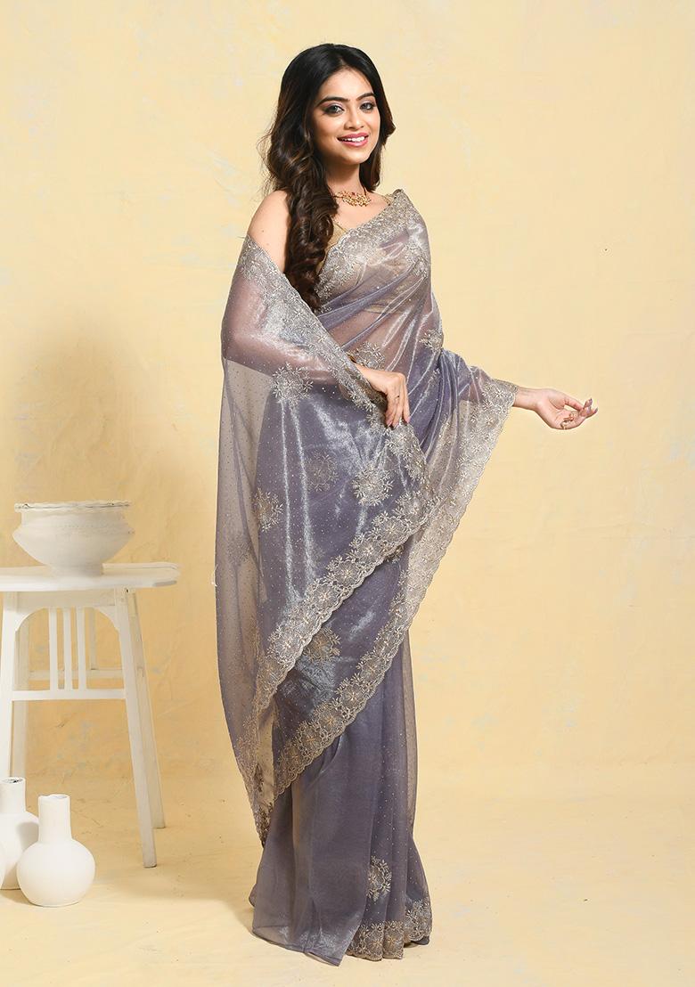 Purple Embellished Chiffon Saree Set
