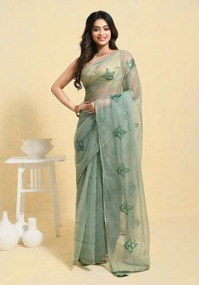 Green Embellished Organza Saree Set