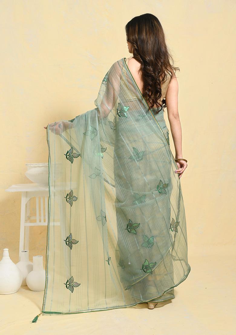 Green Embellished Organza Saree Set