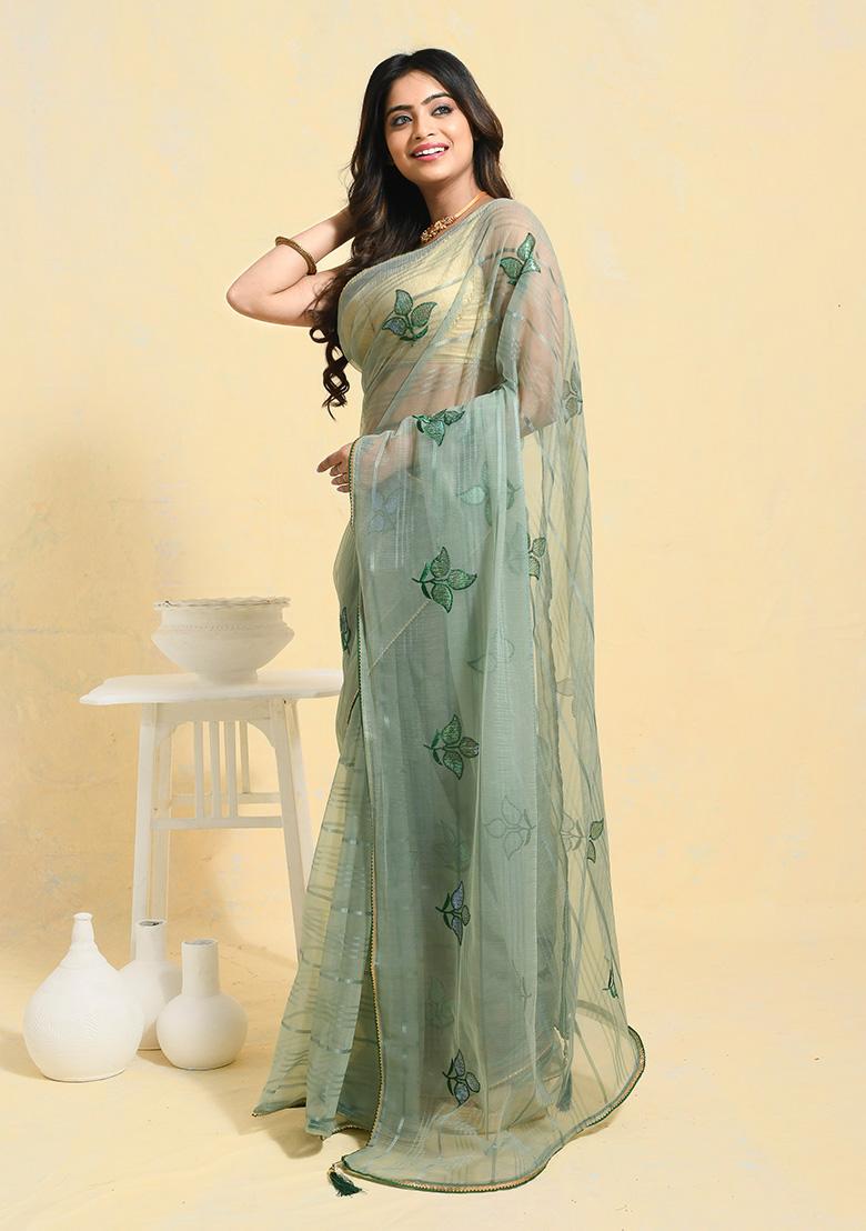 Green Embellished Organza Saree Set