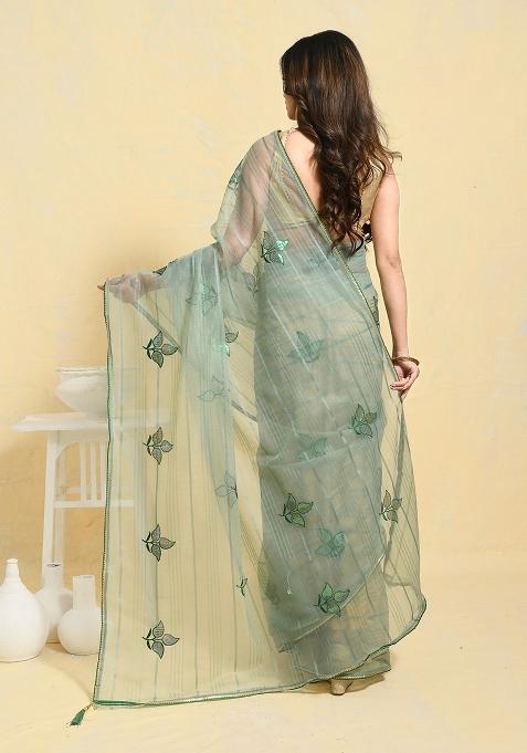 Green Embellished Organza Saree Set
