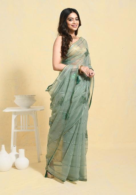 Green Embellished Organza Saree Set