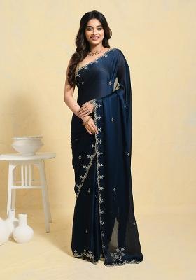 Blue Embellished Satin Saree Set