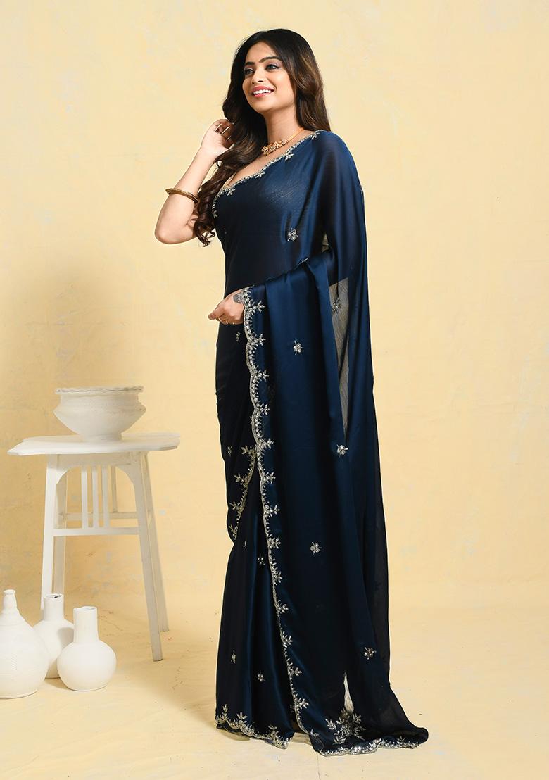 Blue Embellished Satin Saree Set