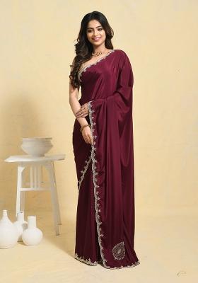 Purple Embellished Satin Saree Set