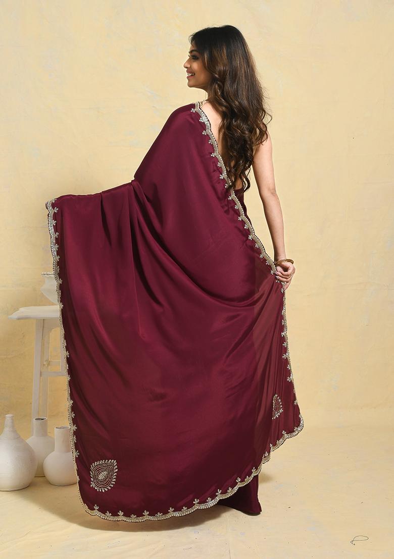 Purple Embellished Satin Saree Set