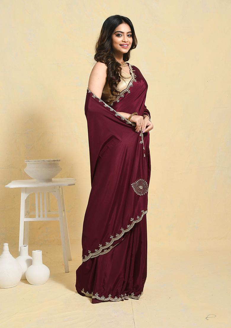 Purple Embellished Satin Saree Set