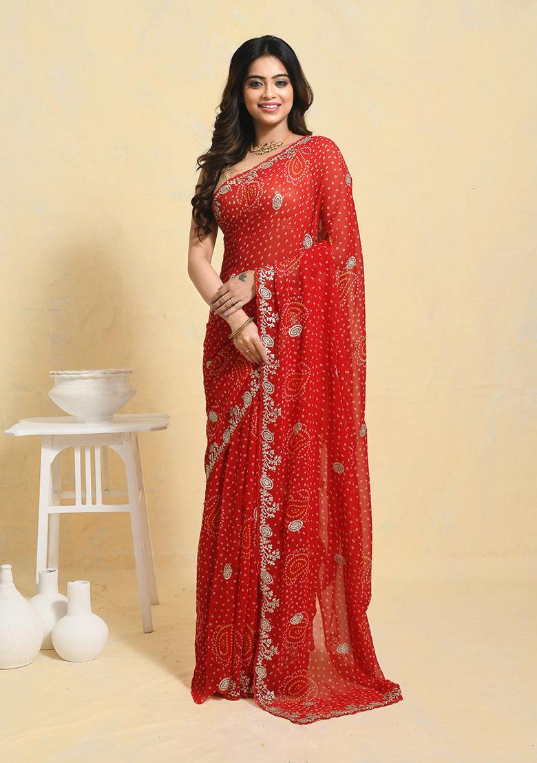 Red Embellished Chiffon Saree Set