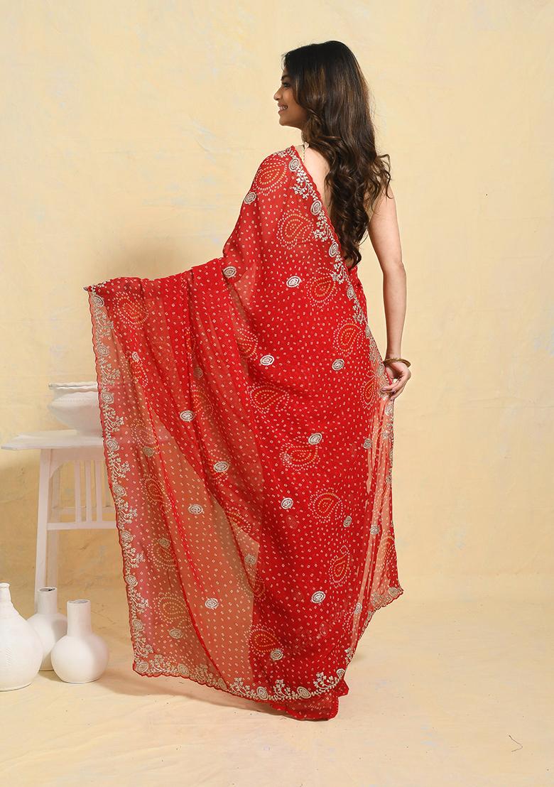 Red Embellished Chiffon Saree Set