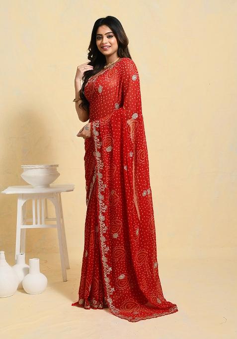 Red Embellished Chiffon Saree Set