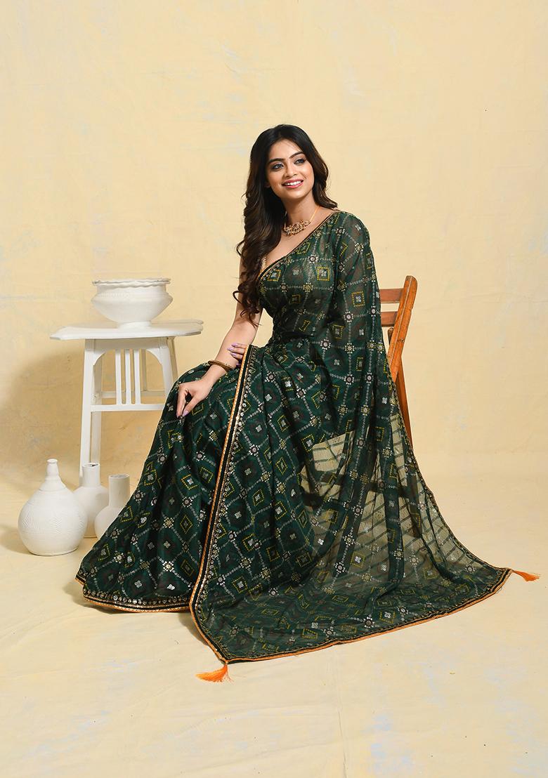 Green Embellished Georgette Saree Set