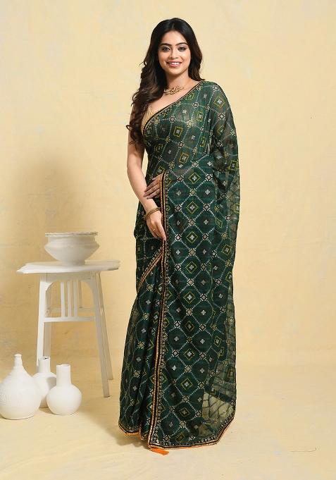Green Embellished Georgette Saree Set