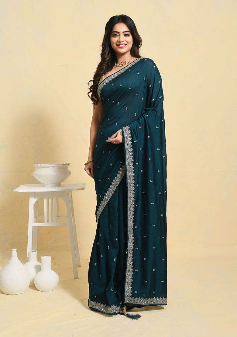 Green Embellished Art Silk Blend Saree Set for Diwali and Festive Wear - Indya