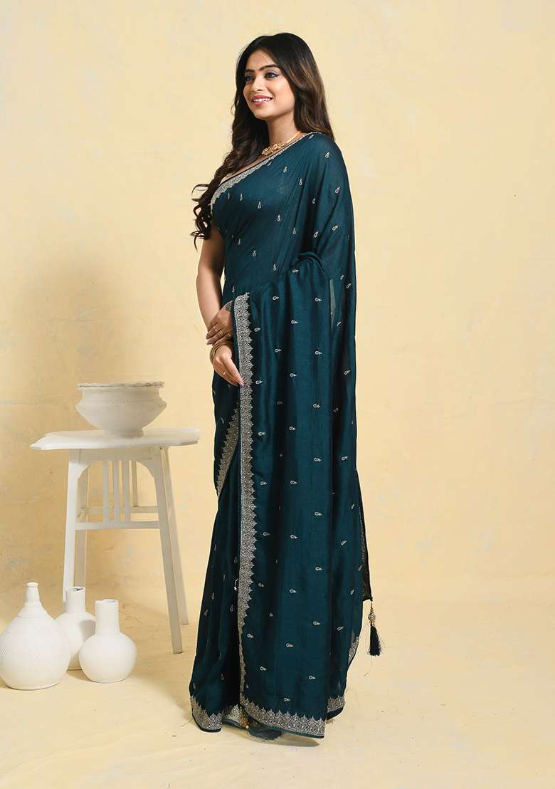 Green Embellished Art Silk Blend Saree Set for Diwali and Festive Wear - Indya