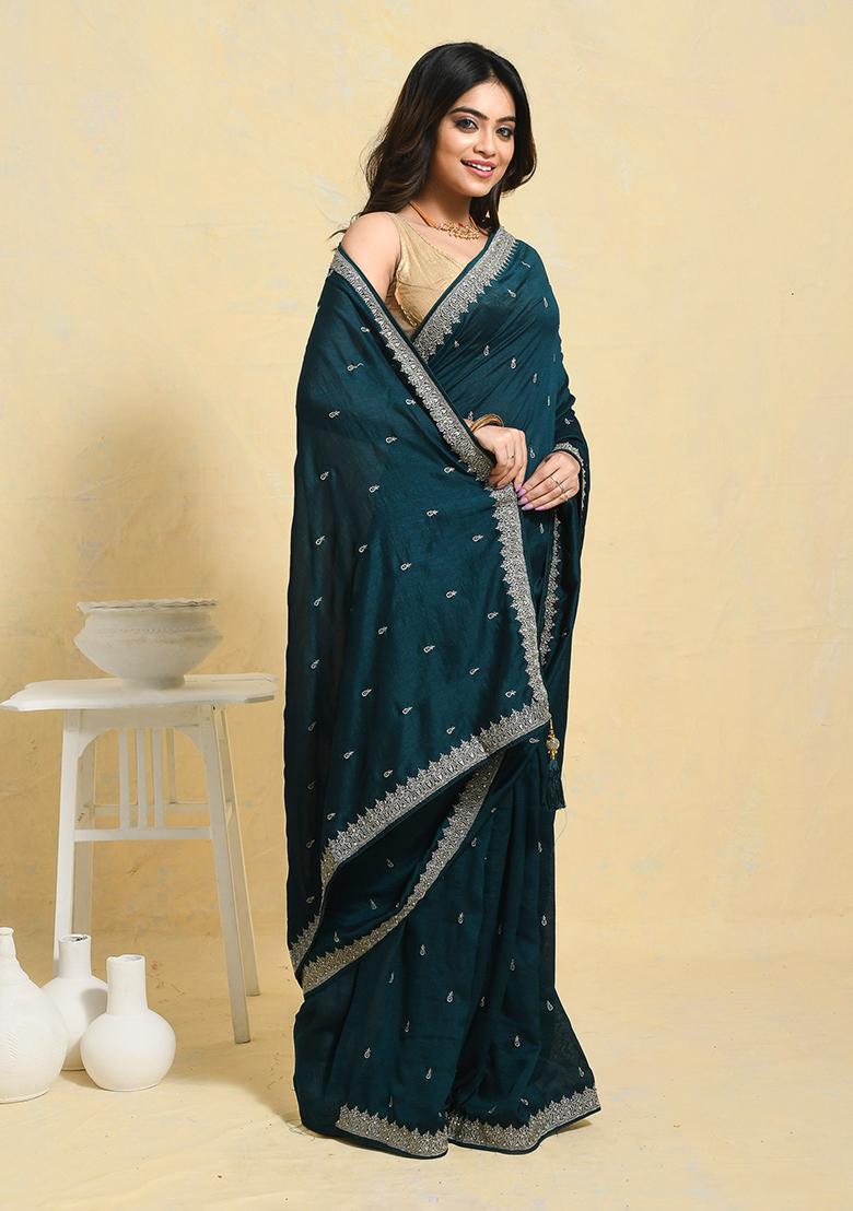 Green Embellished Art Silk Saree Set