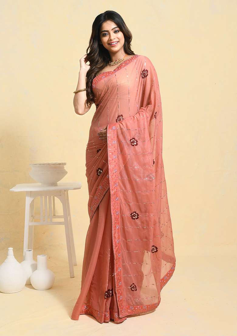 Peach Embellished Georgette Saree Set for Diwali | Wedding & Festive Wear - Indya