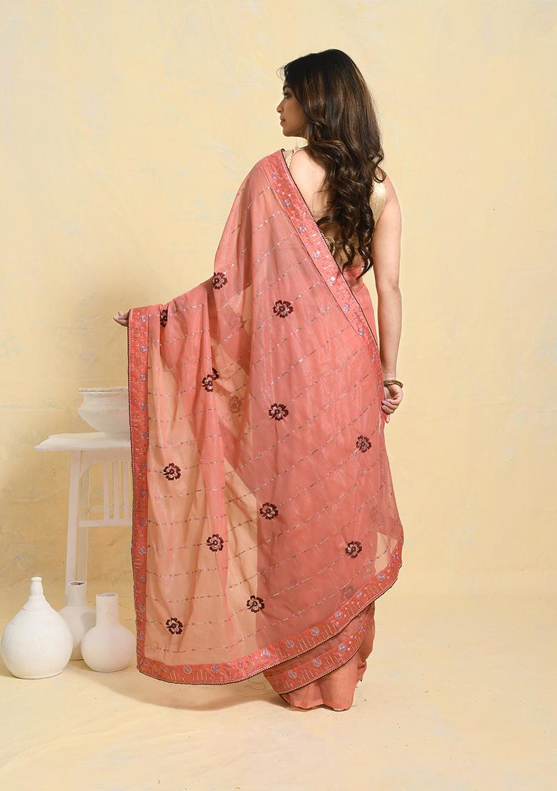 Peach Embellished Georgette Saree Set