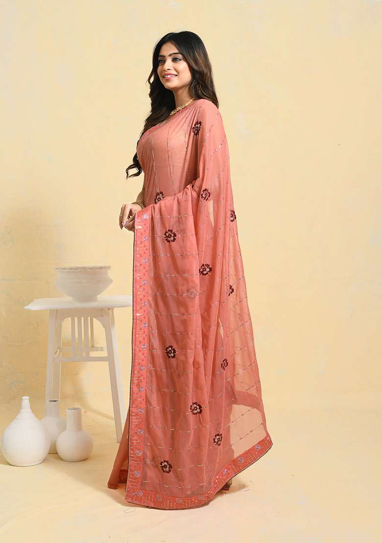 Peach Embellished Georgette Saree Set for Diwali | Wedding & Festive Wear - Indya