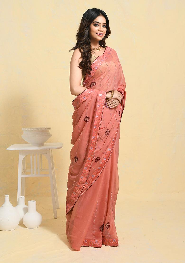 Peach Embellished Georgette Saree Set