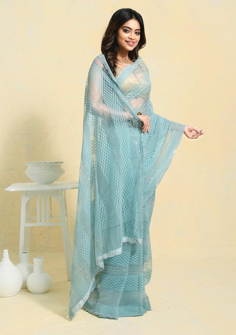 Blue Embellished Net Saree Set