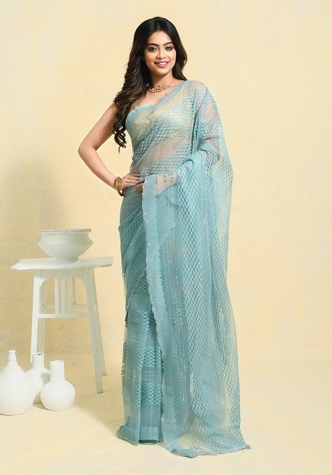 Blue Embellished Net Saree Set